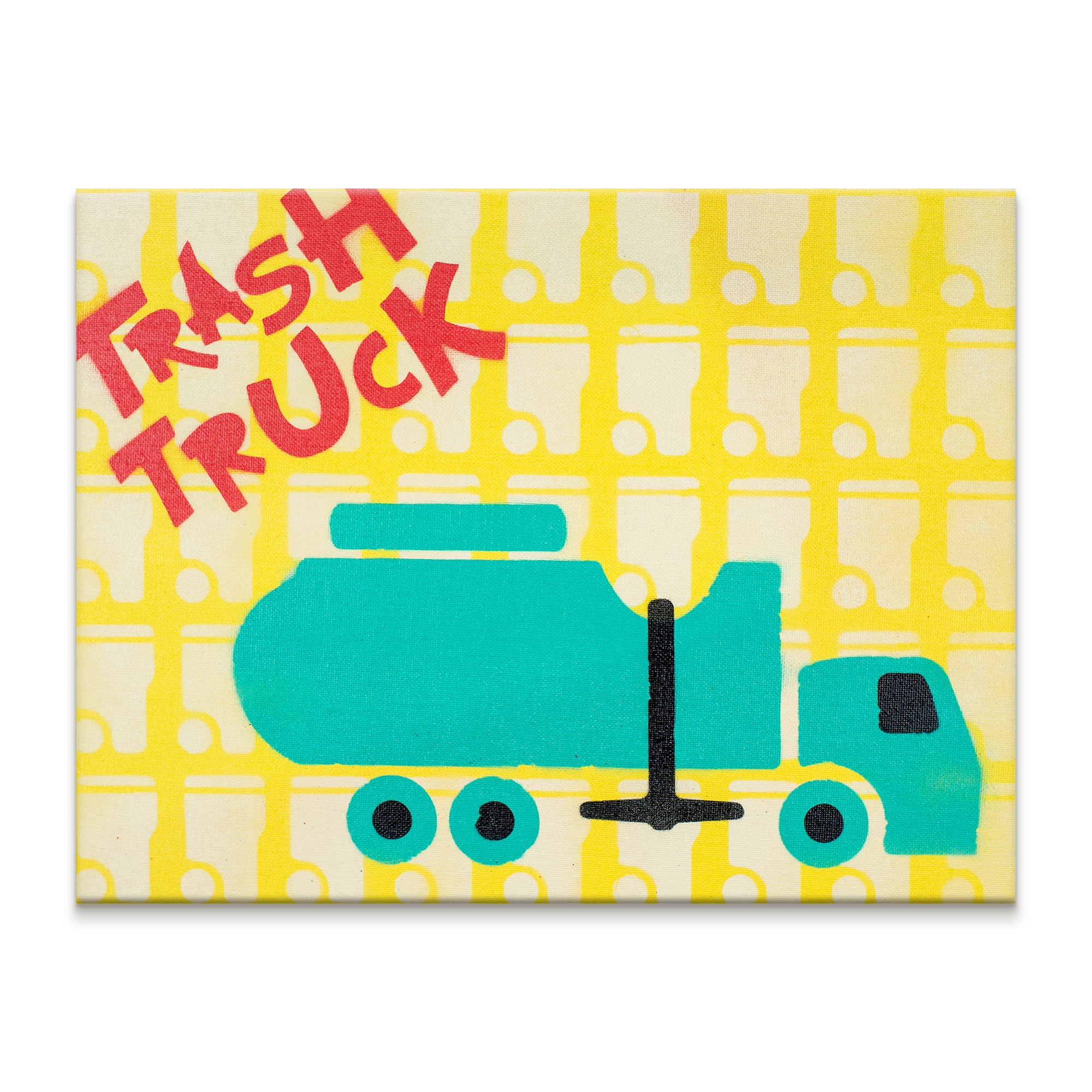 Teal trash truck painting of product titled "45 Trash Cans On The Wall"